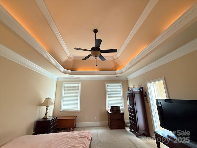 8620 Rolling Fields Rd, Charlotte, NC 28227 - bedroom with a raised ceiling, crown molding, baseboards, light carpet, and a ceiling fan