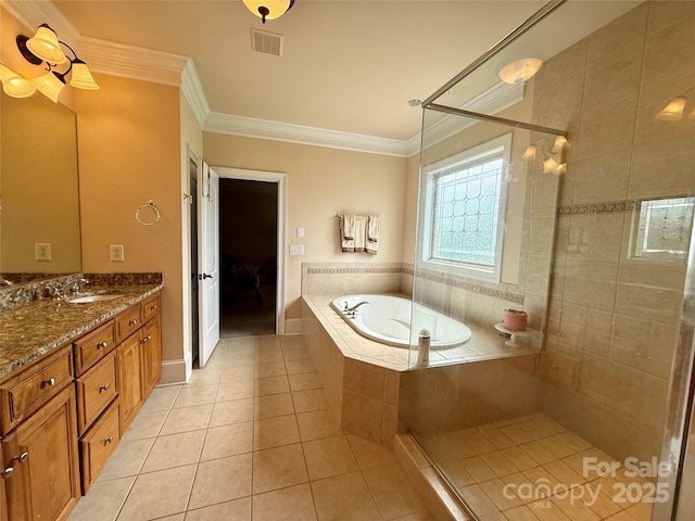 8620 Rolling Fields Rd, Charlotte, NC 28227 - bathroom with tile patterned flooring, tiled shower, vanity, a garden tub, and crown molding