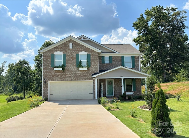 124 Vintage Woods Ct, Shelby, NC 28150 - view of front facade featuring concrete driveway, brick siding, a garage, and a front yard
