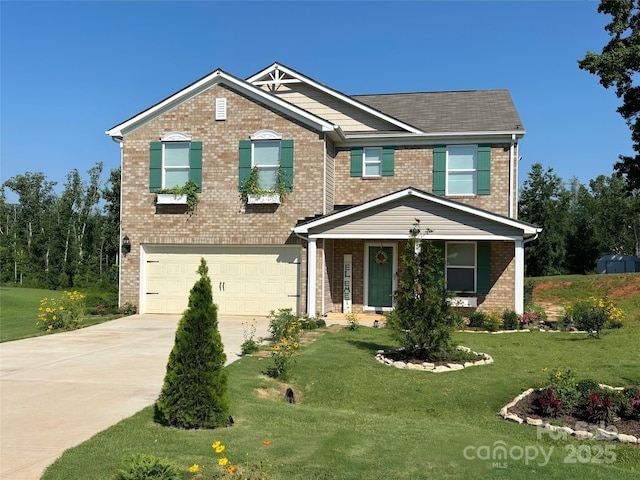 124 Vintage Woods Ct, Shelby, NC 28150 - view of front of house featuring brick siding, a garage, driveway, and a front yard