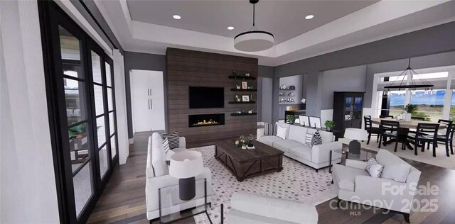0 Mineral Ln, Lincolnton, NC 28092 - living area featuring a raised ceiling, a fireplace, recessed lighting, and wood finished floors