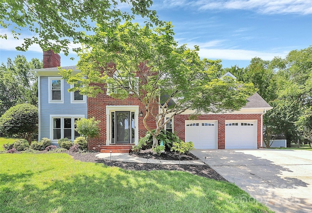 1011 Bydeford Ct, Matthews, NC 28105 - view of front of house featuring a front yard, a chimney, driveway, a garage, and brick siding