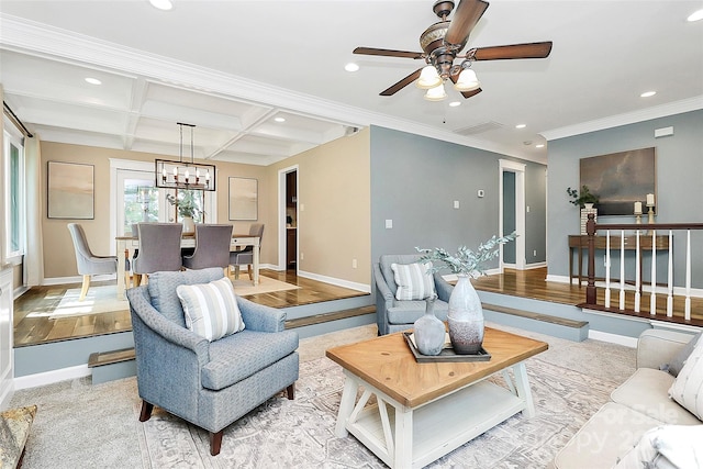 1011 Bydeford Ct, Matthews, NC 28105 - living area with recessed lighting, a chandelier, a ceiling fan, baseboards, and coffered ceiling