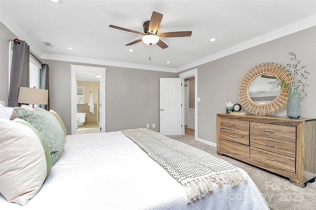 1011 Bydeford Ct, Matthews, NC 28105 - bedroom featuring light colored carpet, recessed lighting, ornamental molding, baseboards, and a ceiling fan