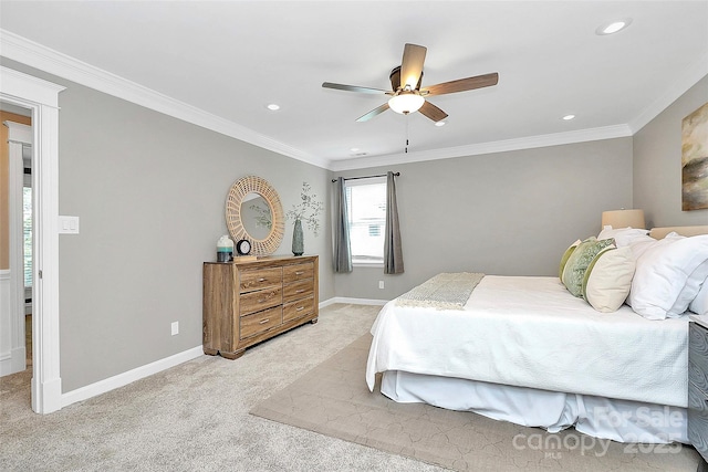 1011 Bydeford Ct, Matthews, NC 28105 - bedroom featuring light carpet, recessed lighting, baseboards, crown molding, and ceiling fan