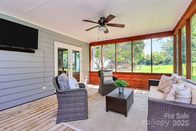 1011 Bydeford Ct, Matthews, NC 28105 - sunroom / solarium with a ceiling fan, french doors, and an outdoor hangout area