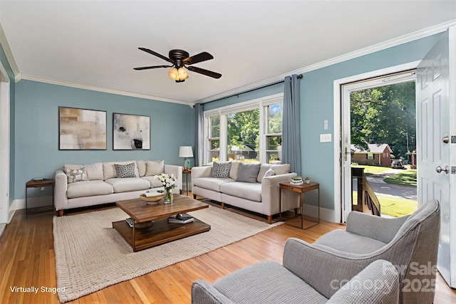 3939 Sheffield Dr, Charlotte, NC 28205 - living area featuring ornamental molding, a ceiling fan, and wood finished floors