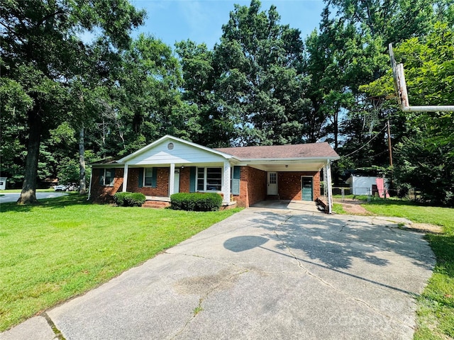 316 Meadowood Cir, Kannapolis, NC 28081 - ranch-style house with brick siding, a front yard, concrete driveway, and a porch