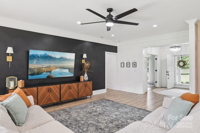 2018 Whiskery Ct, York, SC 29745 - living area with an accent wall, wood finished floors, crown molding, recessed lighting, and ceiling fan