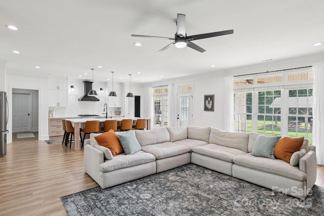 2018 Whiskery Ct, York, SC 29745 - living room featuring recessed lighting, light wood finished floors, ceiling fan, and crown molding