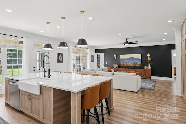 2018 Whiskery Ct, York, SC 29745 - kitchen featuring dishwasher, recessed lighting, light wood-style floors, a ceiling fan, and light countertops