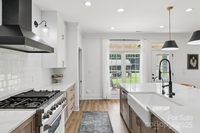 2018 Whiskery Ct, York, SC 29745 - kitchen with appliances with stainless steel finishes, wall chimney range hood, hanging light fixtures, light wood-type flooring, and tasteful backsplash