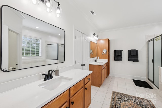 2018 Whiskery Ct, York, SC 29745 - full bath with crown molding, a shower stall, two vanities, and tile patterned flooring