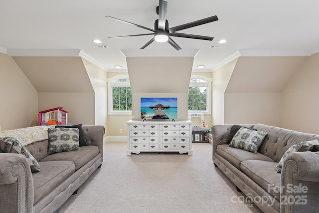 2018 Whiskery Ct, York, SC 29745 - living area with ornamental molding, light colored carpet, ceiling fan, and recessed lighting