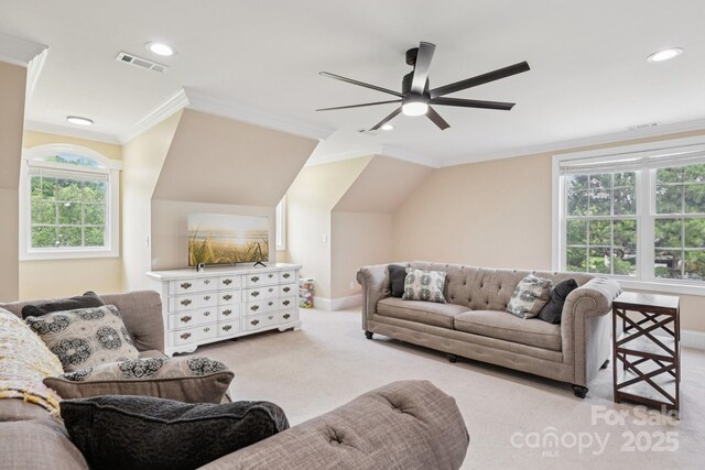 2018 Whiskery Ct, York, SC 29745 - living area with light colored carpet, ceiling fan, ornamental molding, and recessed lighting