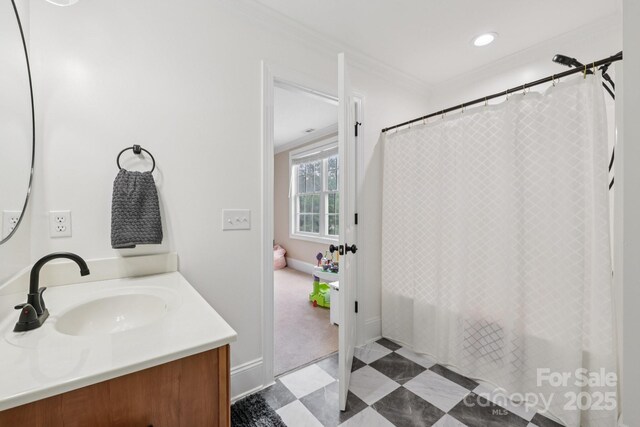 2018 Whiskery Ct, York, SC 29745 - bathroom featuring vanity, crown molding, and recessed lighting