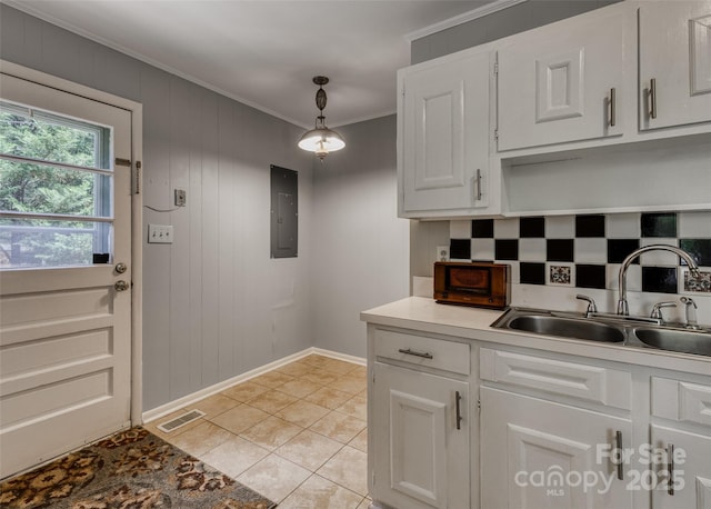 24 19th St NW, Hickory, NC 28601 - kitchen featuring electric panel, a sink, ornamental molding, baseboards, and white cabinetry