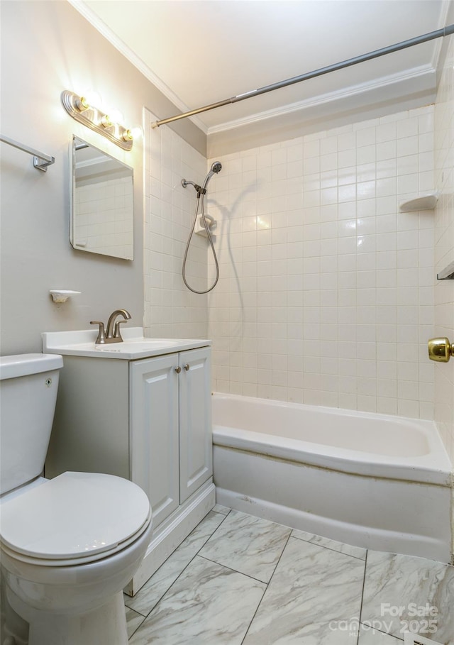 24 19th St NW, Hickory, NC 28601 - full bath featuring ornamental molding, shower / bathtub combination, vanity, and marble look tile flooring