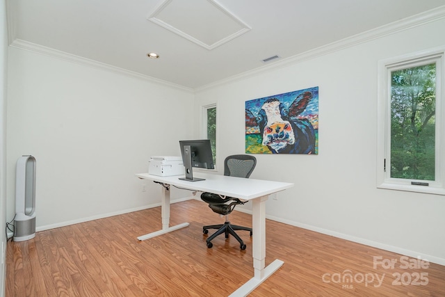 1601 Wandering Way Dr, Charlotte, NC 28226 - office with attic access, light wood finished floors, and crown molding