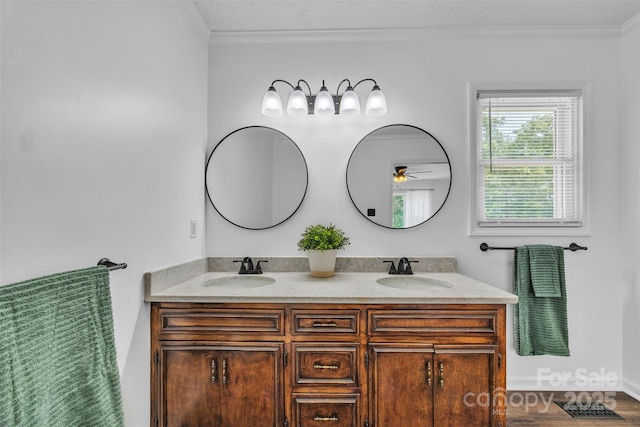 3804 Lippard Ln, Valdese, NC 28690 - full bathroom featuring double vanity, crown molding, and a ceiling fan