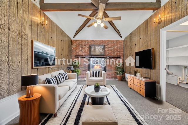 3804 Lippard Ln, Valdese, NC 28690 - living area featuring wood walls, light colored carpet, and ceiling fan