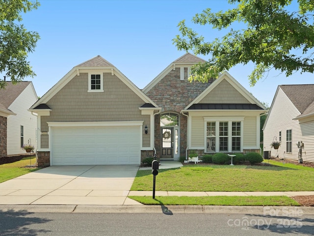 26444 Sandpiper Ct, Fort Mill, SC 29707 - craftsman inspired home featuring stone siding, driveway, a front lawn, a standing seam roof, and central AC unit