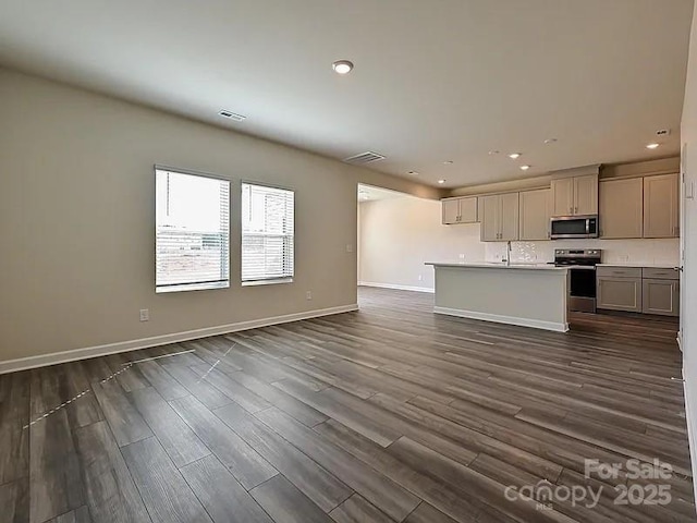 213 Jp Dr, Albemarle, NC 28001 - kitchen with appliances with stainless steel finishes, open floor plan, recessed lighting, dark wood-type flooring, and light countertops
