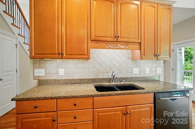 3735 Gordon St, Terrell, NC 28682 - kitchen with dishwasher, a sink, light stone countertops, and wood finished floors