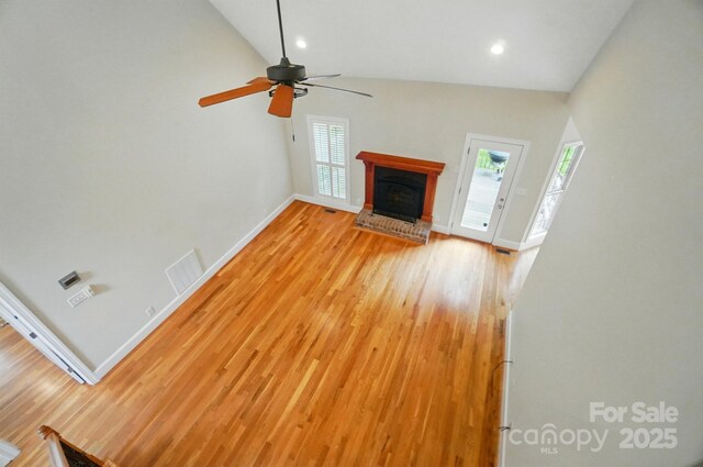3735 Gordon St, Terrell, NC 28682 - unfurnished living room featuring baseboards, ceiling fan, a fireplace, light wood-style flooring, and recessed lighting