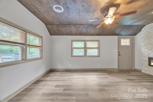 1598 Claybank Rd, West Jefferson, NC 28694 - foyer featuring vaulted ceiling, wooden ceiling, ceiling fan, a stone fireplace, and wood finished floors
