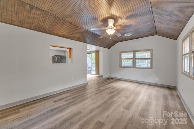 1598 Claybank Rd, West Jefferson, NC 28694 - empty room featuring light wood finished floors, lofted ceiling, wood ceiling, a ceiling fan, and baseboards