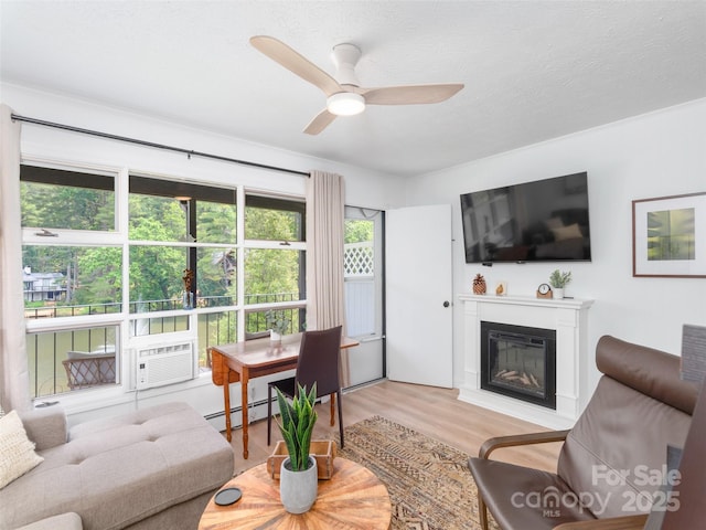 130 Old Mill Rd Unit 222, Flat Rock, NC 28731 - living room featuring wood finished floors, a ceiling fan, a glass covered fireplace, cooling unit, and a baseboard radiator