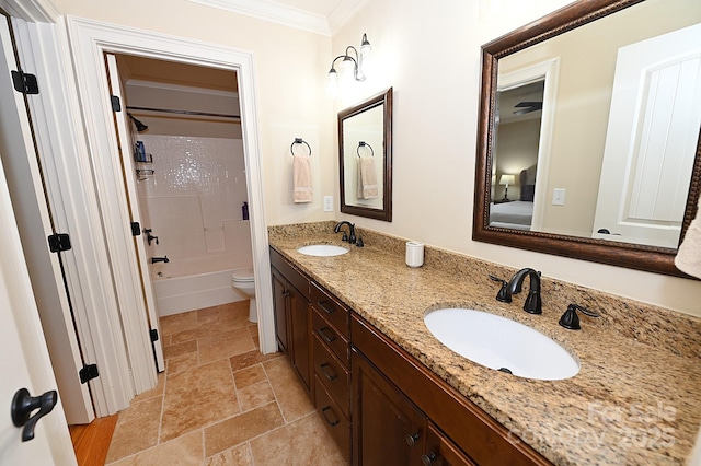 6302 Dwayne Starnes Dr, Hickory, NC 28602 - bathroom featuring crown molding, toilet, double vanity, stone tile flooring, and shower / bathtub combination