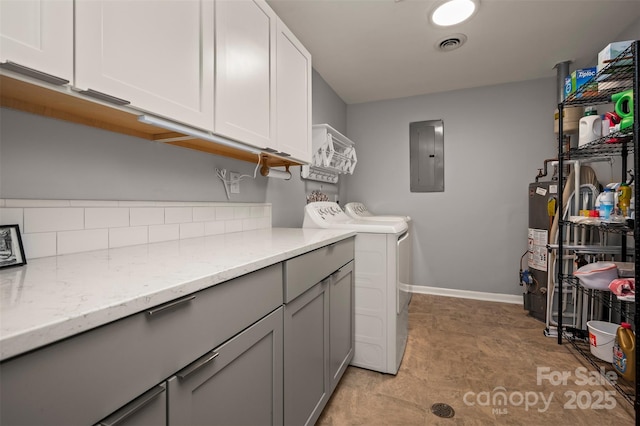 44 Jervey Rd Unit 3A, Tryon, NC 28782 - laundry room featuring electric panel, washing machine and clothes dryer, gas water heater, cabinet space, and baseboards