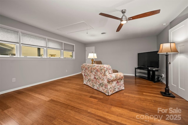44 Jervey Rd Unit 3A, Tryon, NC 28782 - living area featuring attic access, a ceiling fan, wood finished floors, and baseboards