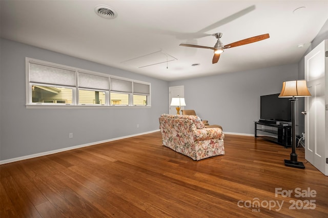 44 Jervey Rd Unit 3A, Tryon, NC 28782 - living area featuring attic access, a ceiling fan, wood finished floors, and baseboards