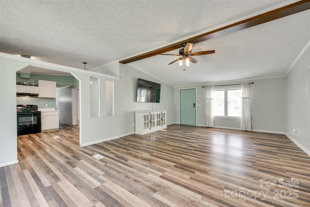 284 Cedar Grove Rd, Clover, SC 29710 - unfurnished living room featuring a textured ceiling, light wood-style floors, ceiling fan, baseboards, and crown molding