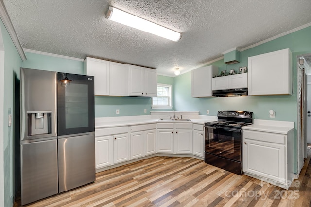 284 Cedar Grove Rd, Clover, SC 29710 - kitchen featuring stainless steel fridge, black / electric stove, a sink, range hood, and crown molding