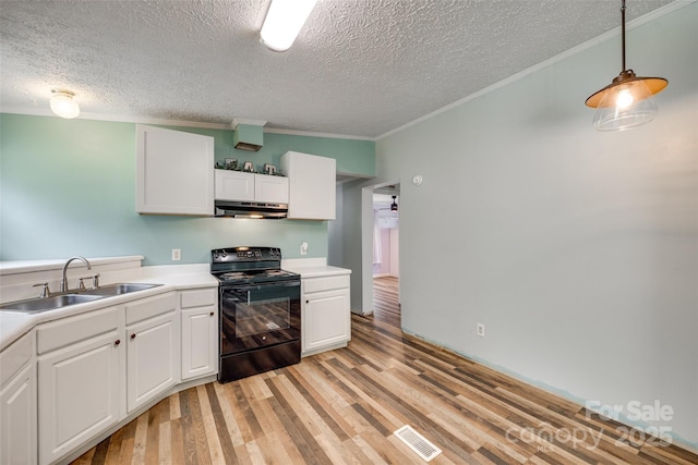 284 Cedar Grove Rd, Clover, SC 29710 - kitchen featuring black / electric stove, a sink, under cabinet range hood, a textured ceiling, and ornamental molding