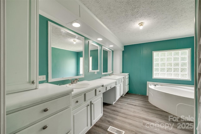 284 Cedar Grove Rd, Clover, SC 29710 - full bathroom with a textured ceiling, double vanity, a bath, and wood finished floors