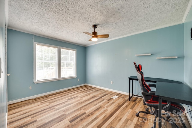 284 Cedar Grove Rd, Clover, SC 29710 - office featuring a textured ceiling, wood finished floors, a ceiling fan, crown molding, and baseboards