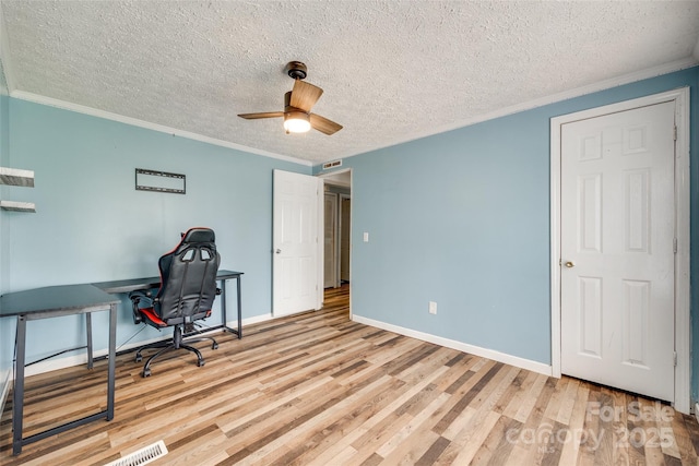 284 Cedar Grove Rd, Clover, SC 29710 - office space with wood finished floors, a textured ceiling, crown molding, a ceiling fan, and baseboards