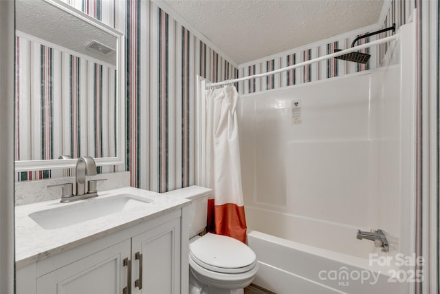 284 Cedar Grove Rd, Clover, SC 29710 - full bathroom with a textured ceiling, toilet, vanity, wallpapered walls, and shower / tub combo