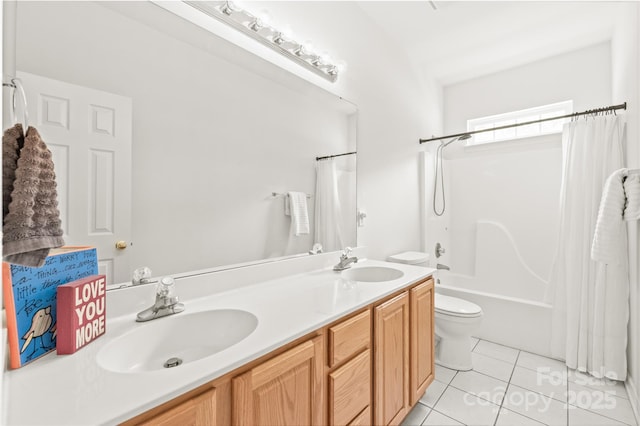 502 Roxanne Ct NW, Concord, NC 28027 - full bathroom featuring toilet, tile patterned flooring, double vanity, and shower / bath combination with curtain