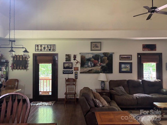 76 Six Springs Rd, Spruce Pine, NC 28777 - living room with ceiling fan and dark wood-style flooring