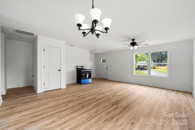 1600/1602 Bluff St, Albemarle, NC 28001 - unfurnished living room featuring a chandelier, light wood-style floors, ceiling fan, and baseboards