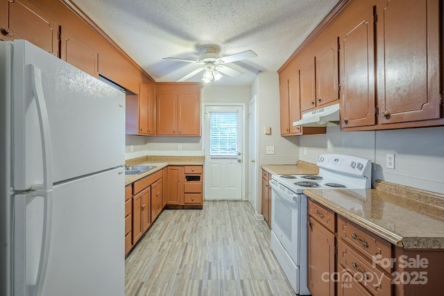 7320 Ritter Dr, Charlotte, NC 28270 - kitchen with white appliances, under cabinet range hood, ceiling fan, a textured ceiling, and light wood-style flooring