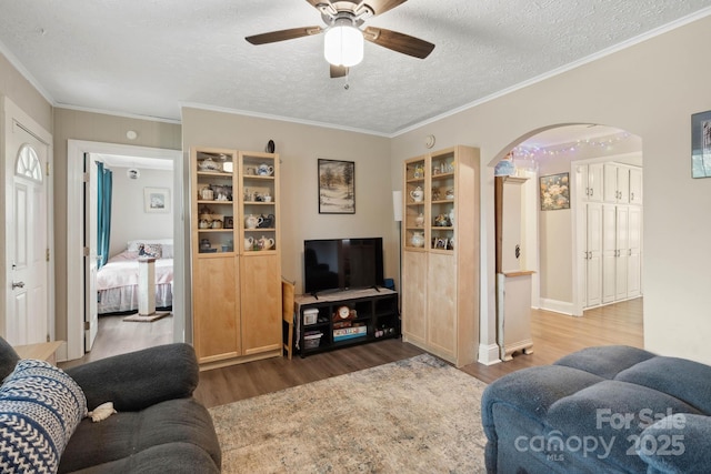 1425 3rd Street Pl NE, Hickory, NC 28601 - living area featuring wood finished floors, arched walkways, a ceiling fan, a textured ceiling, and crown molding