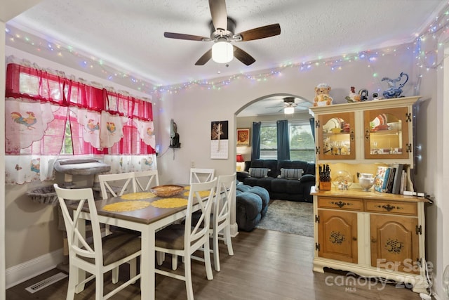 1425 3rd Street Pl NE, Hickory, NC 28601 - dining room with ceiling fan, a textured ceiling, arched walkways, wood finished floors, and baseboards