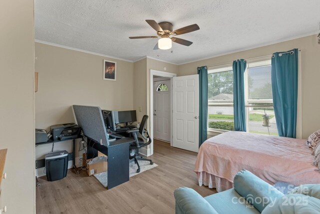 1425 3rd Street Pl NE, Hickory, NC 28601 - bedroom with wood finished floors, a desk, a textured ceiling, ceiling fan, and ornamental molding